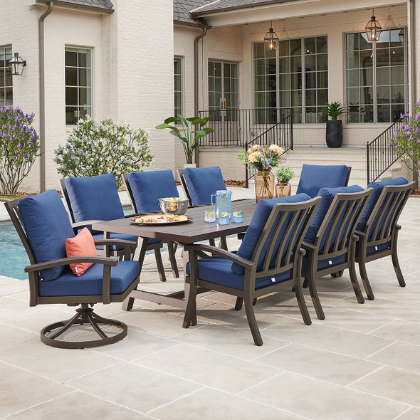 Fairmont Aged Bronze Aluminum with Spectrum Indigo Cushions 9 Piece Combo Dining Set + 100 x 42 in. Table