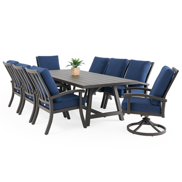 Fairmont Aged Bronze Aluminum with Spectrum Indigo Cushions 9 Piece Combo Dining Set + 100 x 42 in. Table