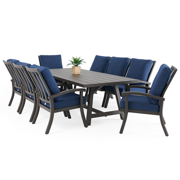 Fairmont Aged Bronze Aluminum with Spectrum Indigo Cushions 9 Piece Dining Set + 100 x 42 in. Table Fairmont Aged Bronze Aluminum with Spectrum Indigo Cushions 9 Piece Dining Set + 100 x 42 in. Table