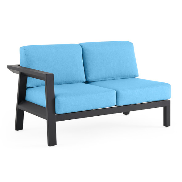 St. Lucia Midnight Aluminum with Canvas Sky Blue Cushions 8 Piece Sectional Group + 48 in. D Fire Pit Table