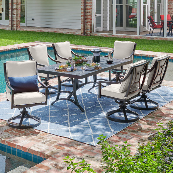 Hill Country Aged Bronze Aluminum with Cast Pumice Cushions 7 Piece Swivel Dining Set + 72 x 42 in. Table Hill Country Aged Bronze Aluminum with Cast Pumice Cushions 7 Piece Swivel Dining Set + 72 x 42 in. Table