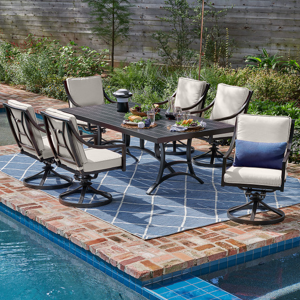 Hill Country Aged Bronze Aluminum with Cast Pumice Cushions 7 Piece Swivel Dining Set + 84 x 42 in. Table Hill Country Aged Bronze Aluminum with Cast Pumice Cushions 7 Piece Swivel Dining Set + 84 x 42 in. Table