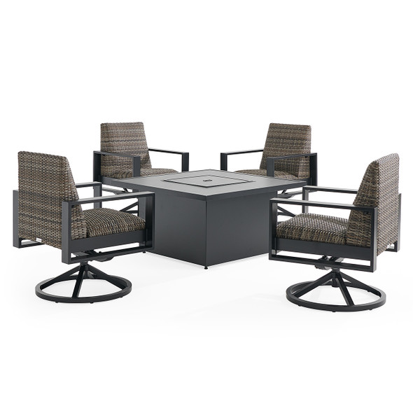 Chelsea Textured Black Aluminum and Weathered Teak Outdoor Wicker with Concealed Cushions 5 Piece Chat Set with Swivel Rockers + 42 in. Sq. Fire Pit
