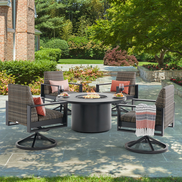 Chelsea Textured Black Aluminum and Weathered Teak Outdoor Wicker with Concealed Cushions 5 Piece Chat Set with Swivel Rockers + 48 in. D Fire Pit