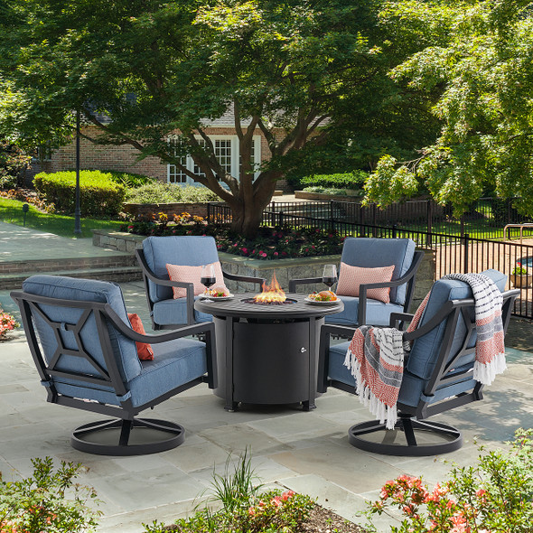 Hill Country Aged Bronze Aluminum with Spectrum Denim Cushions 5 Piece Swivel Chat Set + 36 in. D Fire Pit