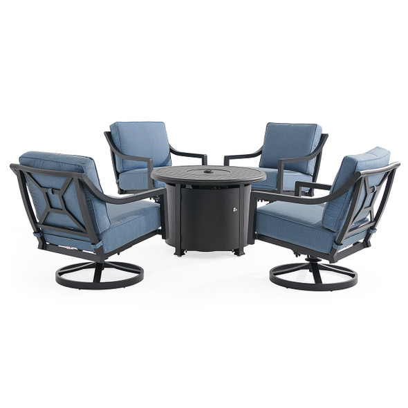 Hill Country Aged Bronze Aluminum with Spectrum Denim Cushions 5 Piece Swivel Chat Set + 36 in. D Fire Pit