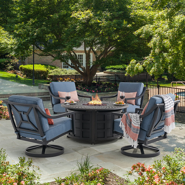 Hill Country Aged Bronze Aluminum with Spectrum Denim Cushions 5 Piece Swivel Chat Set + 48 in. D Fire Pit