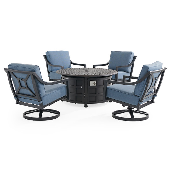 Hill Country Aged Bronze Aluminum with Spectrum Denim Cushions 5 Piece Swivel Chat Set + 48 in. D Fire Pit