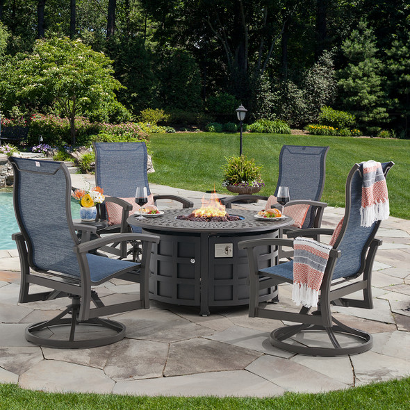 Fairmont Aged Bronze Aluminum with Sling 5 Piece Swivel Chat Set + 48 in. D Carlisle Fire Pit