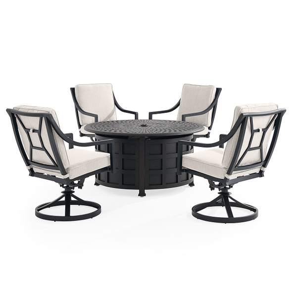Hill Country Aged Bronze Aluminum with Spectrum Denim Cushions 5 Piece Swivel Chat Set with Swivel Rockers + 48 in. D Fire Pit