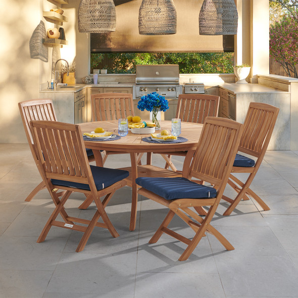 Westport Teak with Cushions 7 Piece Armless Dining Set + Bristol 59 in. D Table