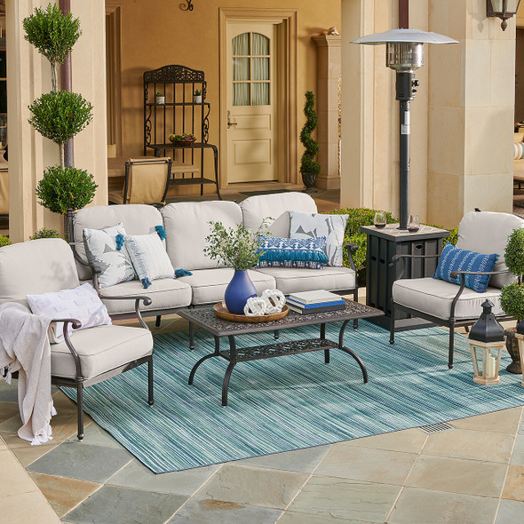 Milan Aged Bronze Cast Aluminum with Cushions 4 Piece Sofa Group + 45 x 24 in. Coffee Table