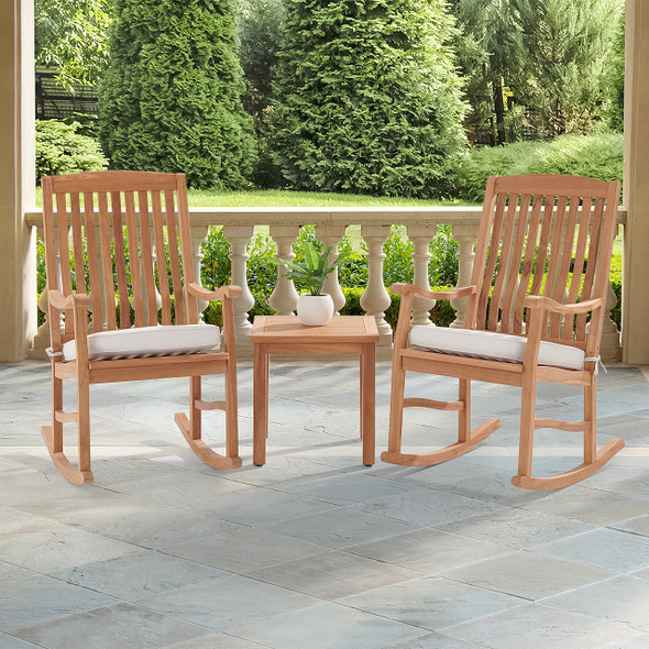 Eastchester Teak with Cushions 3 Piece Rocking Chair Group + 20 in. Sq. End Table