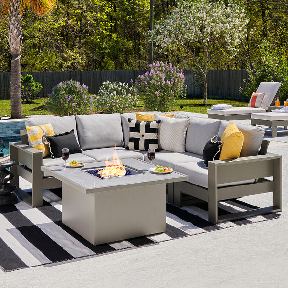 Montauk Slate Grey Polymer with Cushions 6 Piece Modular Sectional + 42 in. Sq. Fire Pit Table