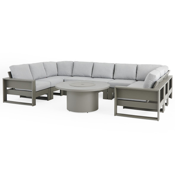 Montauk Slate Grey Polymer with Cushions 10 Piece ModularSectional + 48 in. D Fire Pit Table