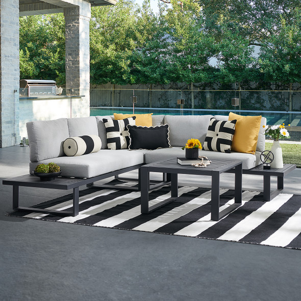 Pasadena Midnight Aluminum and Meteor Silver Cushions 4 Piece Sectional with 32 in. Sq. Coffee Table