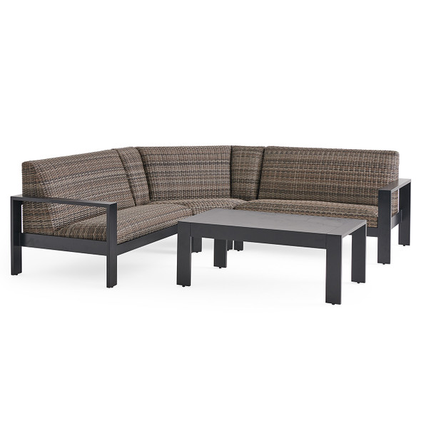 Chelsea Textured Black Aluminum and Weather Teak Outdoor Wicker Concealed Cushions 4 Piece Sectional + 46 x 26 in. Coffee Table