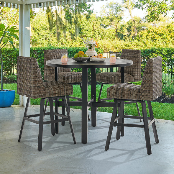 Chelsea Textured Black Aluminum and Weather Teak Outdoor Wicker Concealed Cushions 5 Piece Bar Set + 48 in. D Table