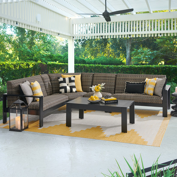 Chelsea Textured Black Aluminum and Weather Teak Outdoor Wicker Concealed Cushions 5 Piece Sectional + 46 x 26 in. Coffee Table