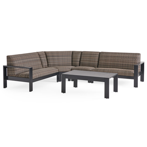 Chelsea Textured Black Aluminum and Weather Teak Outdoor Wicker Concealed Cushions 5 Piece Sectional + 46 x 26 in. Coffee Table