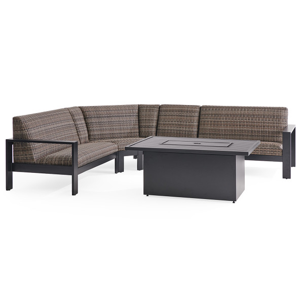 Chelsea Textured Black Aluminum and Weather Teak Outdoor Wicker Concealed Cushions 5 Piece Sectional + 52 x 32 in. Fire Pit Table