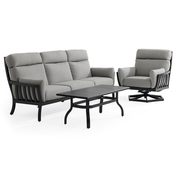 Siena Coal Aluminum with Panama Stone Grey 3 Piece Swivel Sofa Group + 46 x 26 in. Coffee Table
