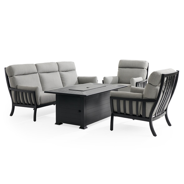 Siena Coal Aluminum with Panama Stone Grey 4 Piece Swivel Sofa Group + 36 x 58 in. Fire Pit Table