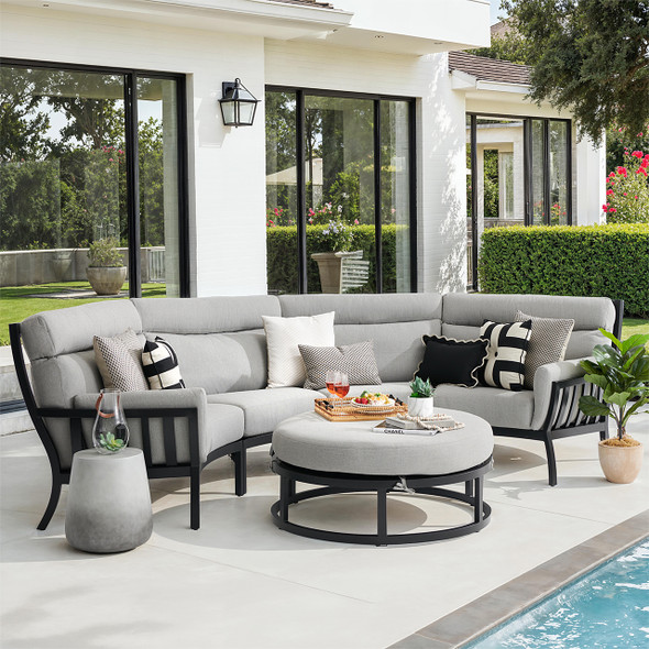 Siena Coal Aluminum with Panama Stone Grey 5 Piece Sectional with Ottoman