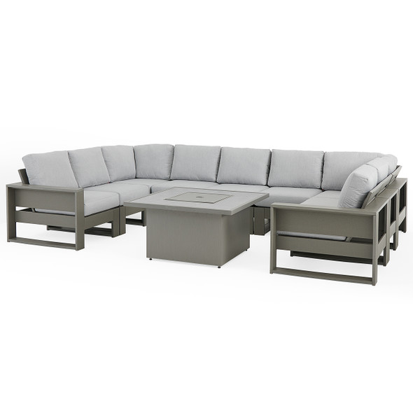 Montauk Slate Grey Polymer with Cushions 10 Piece Modular Sectional + 42 in. Sq. Fire Pit Table