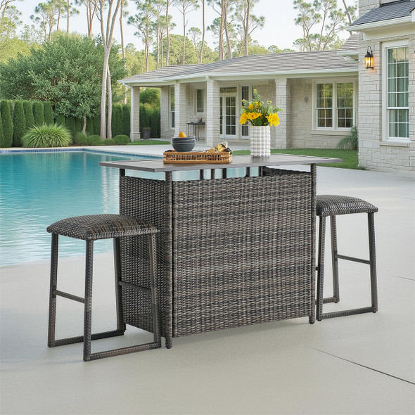 Venice Silver Oak Outdoor Wicker 3 Piece Bar Set with Backless Barstools + 54 x 27 in. Party Table