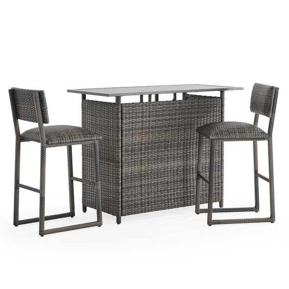 Venice Silver Oak Outdoor Wicker 3 Piece Bar Set with Armless Barstools + 54 x 27 in. Party Table