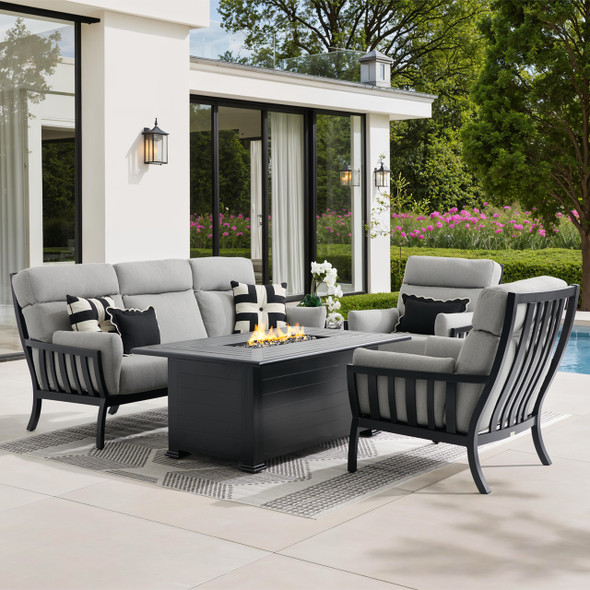 Siena Coal Aluminum with Panama Stone Grey 4 Piece Sofa Group + 36 x 58 in. Fire Pit Table