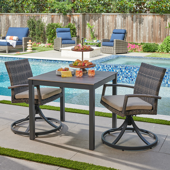 Sonoma Husk Outdoor Wicker with Cushions 3 Piece Swivel Bistro Set + 33 in. Sq. Table