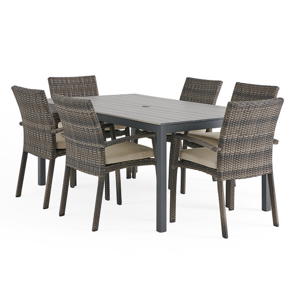 Sonoma Husk Outdoor Wicker with Cushions 7 Piece Dining Set + 72 x 40 in. Table