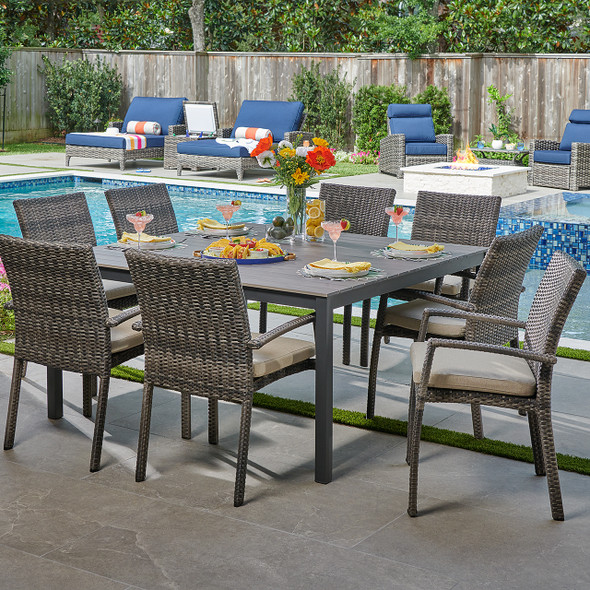 Sonoma Husk Outdoor Wicker with Cushions 9 Piece Dining Set + 59 in. Sq. Table