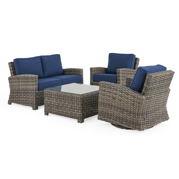 Sonoma Husk Outdoor Wicker with Cushions 4 Piece Swivel Loveseat Group + 32 in. Sq. Glass Top Coffee Table