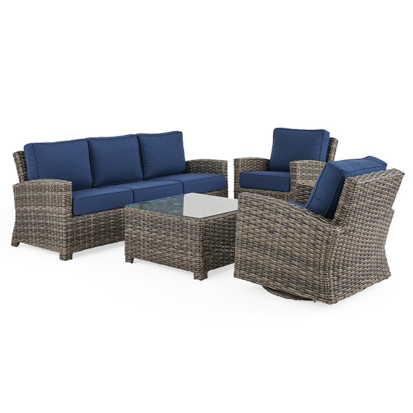 Sonoma Husk Outdoor Wicker with Cushions 4 Piece Swivel Sofa Group + 32 in. Sq. Glass Top Coffee Table