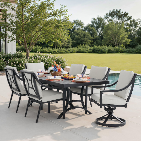Hill Country Aged Bronze Aluminum and Cushion 7 Piece Combo Dining Set + 84 x 42 in. Table -