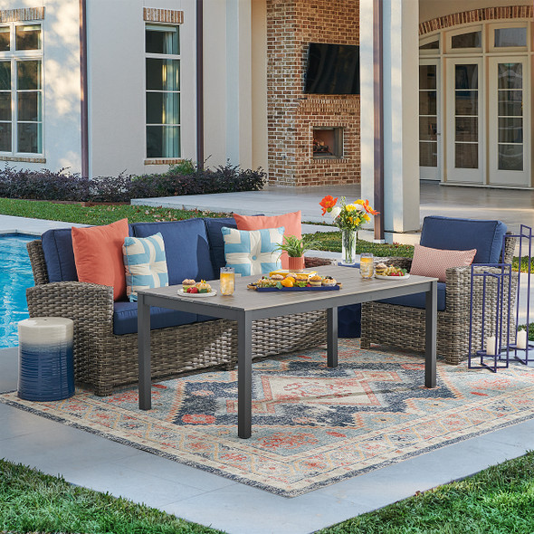 Sonoma Husk Outdoor Wicker with Cushions 3 Piece Sofa Group + 65 x 33 in. Duraboard Lounge Height Coffee Table