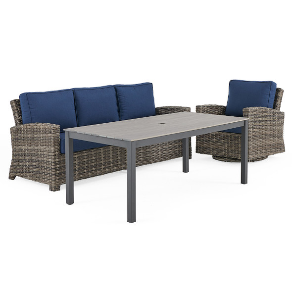 Sonoma Husk Outdoor Wicker with Cushions 3 Piece Swivel Sofa Group + 65 x 33 in. Duraboard Lounge Height Coffee Table
