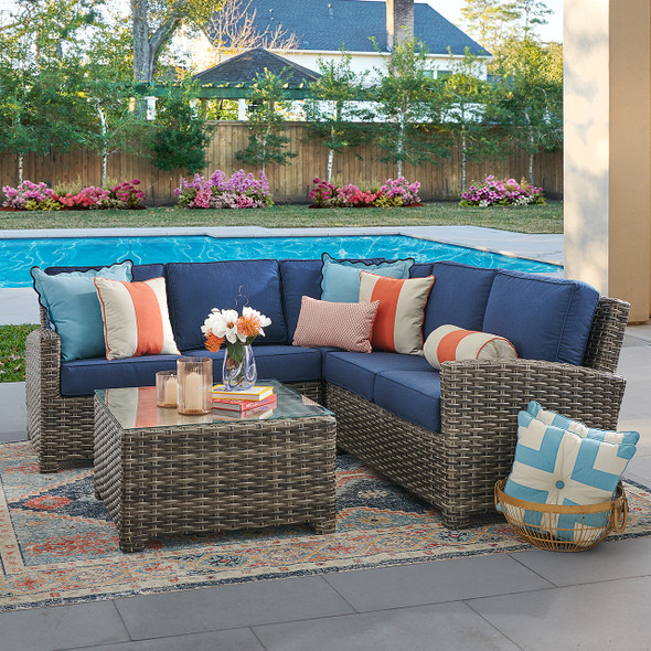 Sonoma Husk Outdoor Wicker with Cushions 4 Piece Sectional Group + 32 in. Sq. Coffee Table