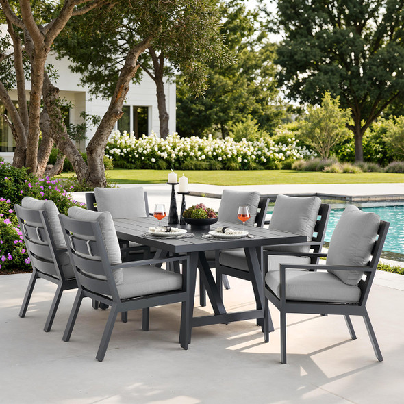Montecito Charcoal Aluminum with Cushions 7 Piece Dining Set + 70 x 40 in. Table