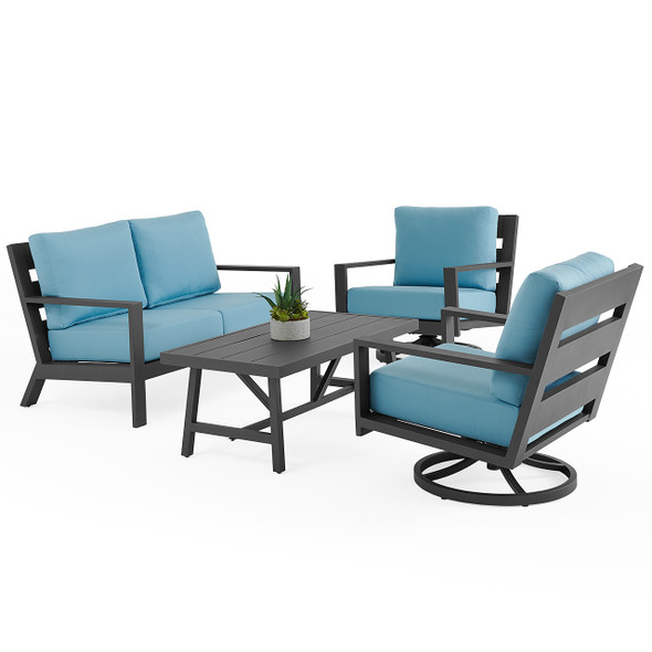 Montecito Charcoal Aluminum with Cushions 4 Piece Swivel Loveseat Group + 48 x 26 in. Coffee Table