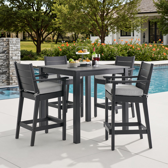 Montauk Polymer with Cushions 5 Piece Bar Set + 44 in. Sq. Table
