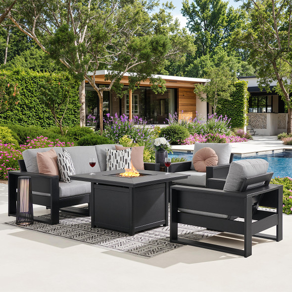 Montauk Polymer with Cushions 6 Piece Modular Sofa Group + 42 in. Sq. LP Gas Fire Pit