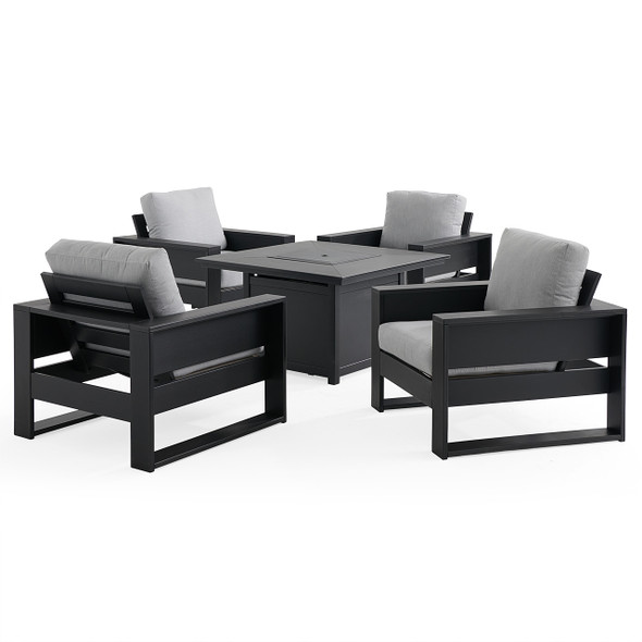 Montauk Polymer with Cushions 5 Piece Chat Set + 42 in. Sq. LP Gas Fire Pit