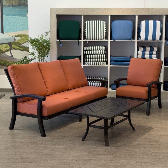 Fairmont Rustic Bronze Aluminum with Cushions 3 Piece Sofa Group + 48 x 26 in. Coffee Table