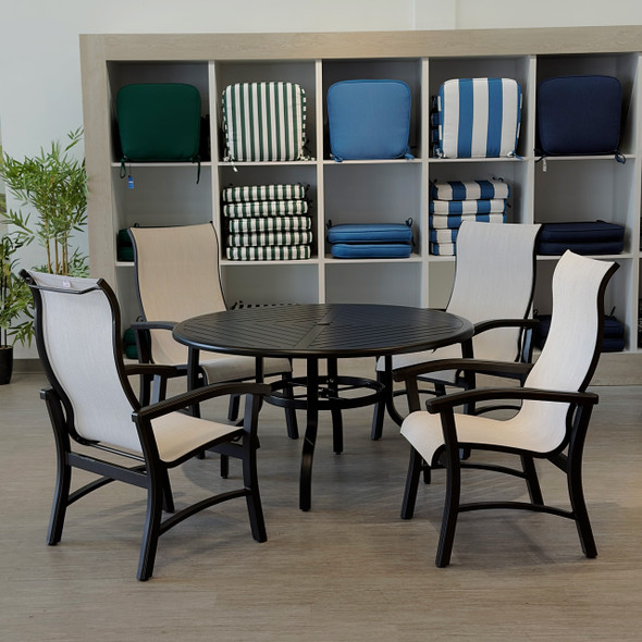 Fairmont Rustic Bronze Aluminum with Site Linen Sling 5 Piece Dining Set + 48 in. D Table