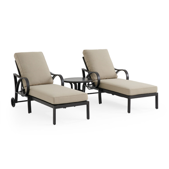 Key West Rustic Bronze Aluminum with Cushions 3 Piece Chaise Lounge Set + 24 in. D End Table