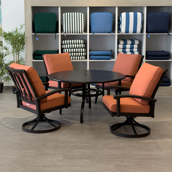 Fairmont Rustic Bronze Aluminum with Cushions 5 Piece Swivel Dining Set + 48 in. D Table